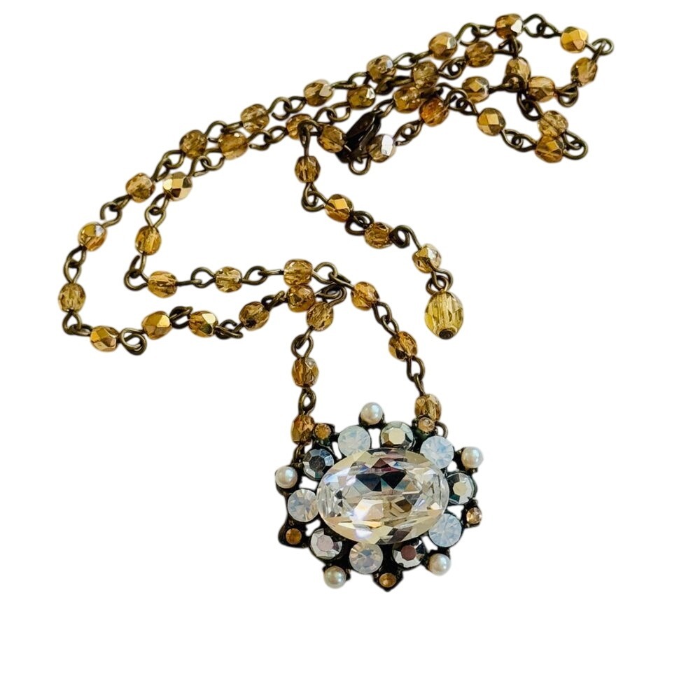 Tiara Misu collar‎ necklace Crystal beads Rhinestone Jeweled Bronze Designer 19"